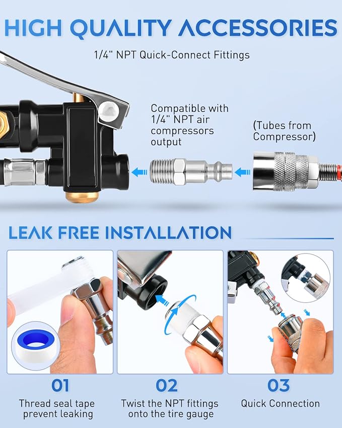 50057A Digital Tire Inflator Deflator with Pressure Gauge 250 PSI Air Chuck and Compressor Accessories with Rubber Hose and Quick Connect Coupler for 0.1 Display Resolution