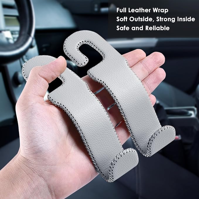Leather Car Seat Hooks - U-Shaped Purse Holder for Car, Fully Leather-Wrapped Headrest Hooks for Purses, Bags & Coats, Durable Seat Back Organizer for Travel & Daily Use (Gray, 2 Pack)