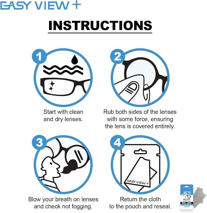 EASY VIEW+ Anti-Fog Microfiber Cloth- For Glasses Goggles Motorcycle Helmet Camera Lens