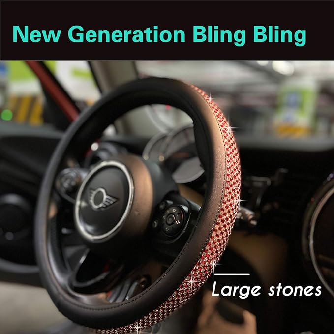 Bling Bling Comfy Steering Wheel Cover with Jumbo Crystal Rhinestones, Anti-Slip Diamond Leather, Universal 15 Inch (Red)