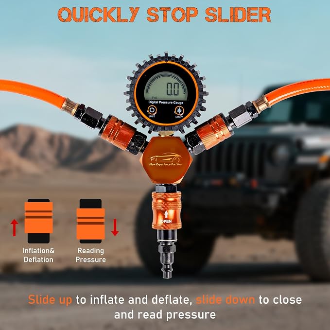 4 Tire Inflation Deflation System W/300PSI Digital Pressure Gauge | Fits up to 200" Wheelbase, Plastic Carry Box & Heavy Duty Hoses, Fits Truck, Car, Trailer, Motorcycle Offroad Vehicles,Orange