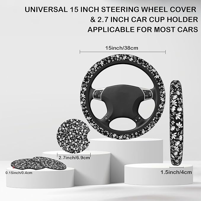 Black and White Flowers Steering Wheel Cover for Women, Anti-Slip Car Steering Wheel Cover with 2 Pcs Cup Holders Neoprene Breathable Car Accessories Universal 15 Inch Auto Interior Decor