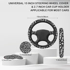 Black and White Flowers Steering Wheel Cover for Women, Anti-Slip Car Steering Wheel Cover with 2 Pcs Cup Holders Neoprene Breathable Car Accessories Universal 15 Inch Auto Interior Decor