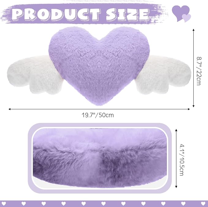 2 Pcs Plush Heart Shaped Pillow with Angel Wings Car Headrest Soft Comfortable Seat Pillow for Driving Travelling Room Office Car Decor, 19.7 x 8.3 Inch(Purple)