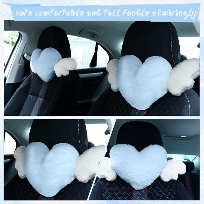 2 Pcs Plush Heart Shaped Pillow with Angel Wings Car Headrest Soft Comfortable Seat Pillow for Driving Travelling Room Office Car Decor, 19.7 x 8.3 Inch(Light Blue)