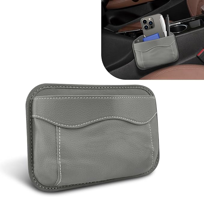 Car Seat Side Pocket Organizer, PU Leather Car Seat Gap Filler Bag, Car Seat Pocket Storage Bag for Phone, Keys, Sunglass, Wallet, Car Organizer Accessories for Seat, Door, Window (Grey)
