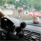 Bling Diamond Heart Car Interior Accessories - Heart & Pink Plush Ball Decor Ornament Pendant, Mirror Hanging Decoration Charm (Black)