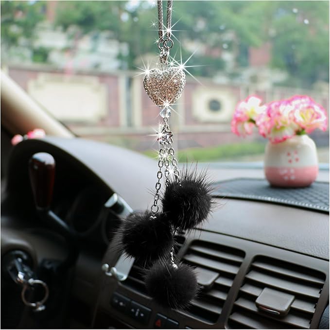 Bling Diamond Heart Car Interior Accessories - Heart & Pink Plush Ball Decor Ornament Pendant, Mirror Hanging Decoration Charm (Black)