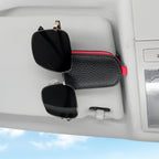 Sunglasses Holder for Car, Leather Magnetic Buckle Sun Visor Sunglass Clip, Ticket Card Storage Glasses Clip, Car Interior Accessories for Men and Women（Black-red）