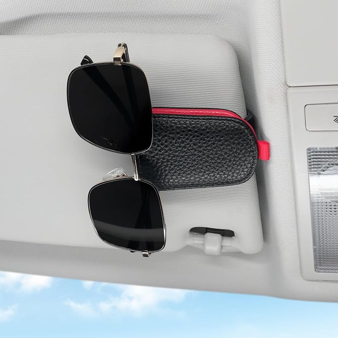 Sunglasses Holder for Car, Leather Magnetic Buckle Sun Visor Sunglass Clip, Ticket Card Storage Glasses Clip, Car Interior Accessories for Men and Women（Black-red）