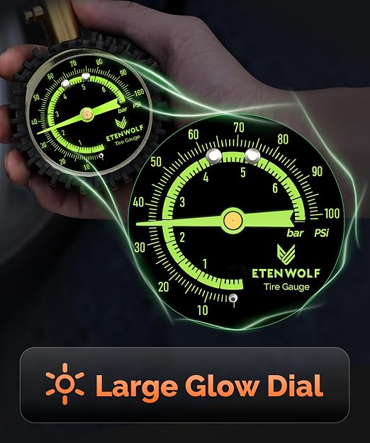 Tire Pressure Gauge 0-100 PSI, ANSI B40.1 Grade A Certified | Accurate Tire Gauges for Tire Pressure with Large Glow Dial, Air Pressure Gauge for Tires, Car Accessories