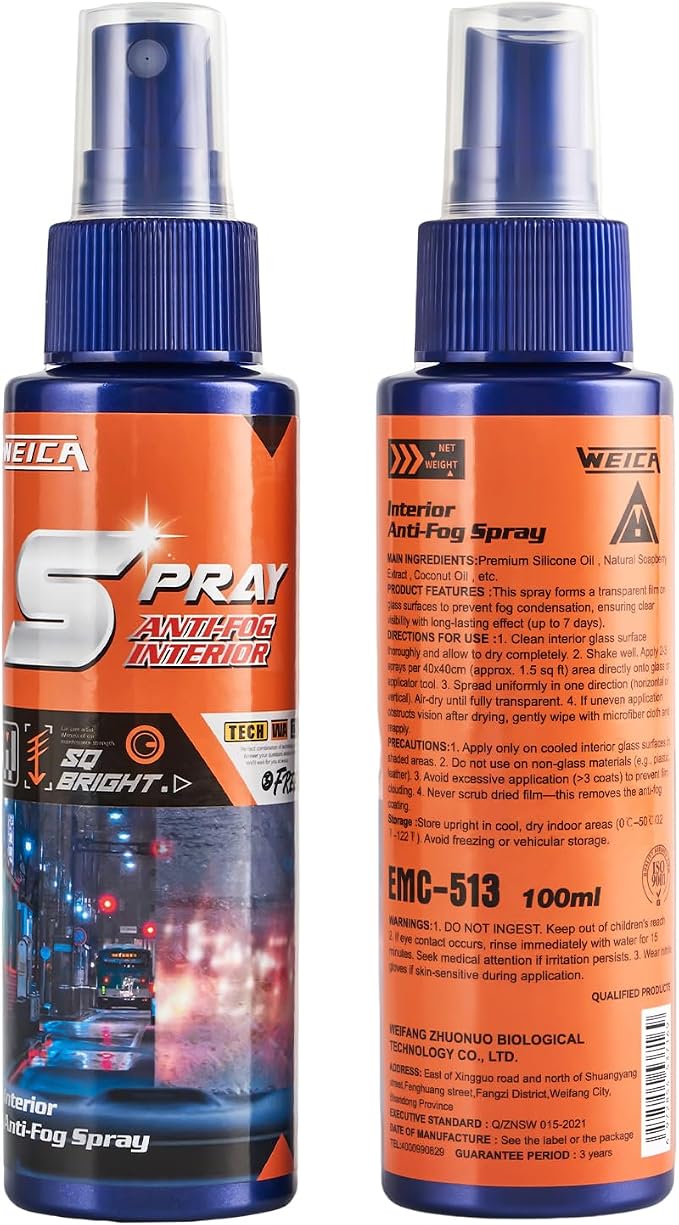 Spray Anti-Fog Interior - for Car Windshield, Bathroom Mirrors, Swim Goggles - Long-Lasting Clarity, Streak-Free Formula 100ML