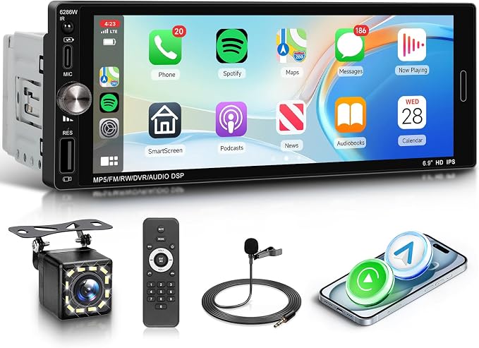 Single Din Car Radio Stereo Wireless Carplay & Android Auto, 6.9" HD IPS Touch Screen Radio, Bluetooth 5.2 Car Audio Receiver, Mirror Link, SWC, 1 Din Stereo with Backup Camera, FM/EQ/USB/Type-C