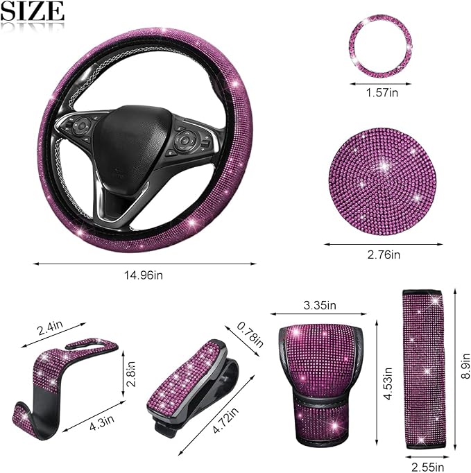 11PCS/Set Bling Car Accessories Set for Women, Rhinestone Vehicle Steering Wheel Cover Seat Belt Cushion Gear Shift Protector Cup Holder Coaster, Universal Automotive Accessories (Pink)