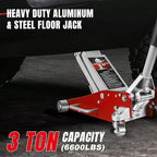 3 Ton Low Profile, Aluminum and Steel Racing Floor Jack with Dual Pistons Quick Lift Pump for Sport Utility Vehicle, Lifting Range 3-15/16" min to 18-5/16" max, Net Weight 58.5 lb, Red