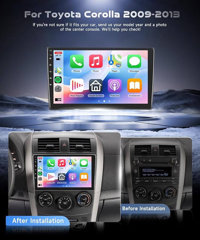 4G+64G for Toyota Corolla 2009-2013 Car Radio, Wireless Carplay Android Auto Android 15 Touch Screen Car Stereo, Bluetooth, GPS Navi, 5G WiFi, SWC, HD Backup Camera