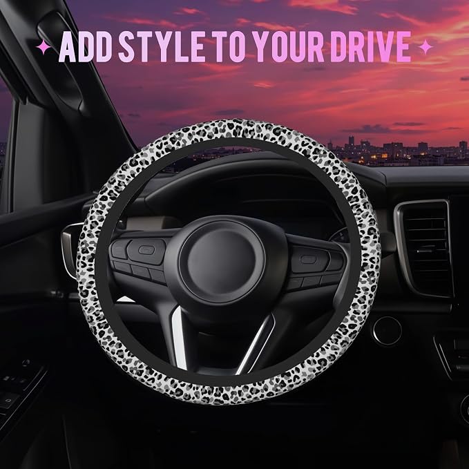 Black and White Leopard Print Steering Wheel Cover for Women Men Neoprene Breathable Wheel Cover Protector Anti-Slip Car Accessories Universal 15 Inch Fit for Cars Trucks Vehicles