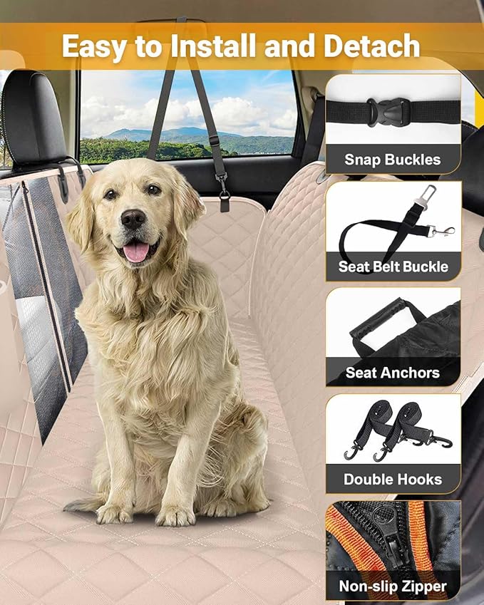 Dog Car Seat Cover, Heavy Durable Dog Seat Cover for Back Seat, 100% Waterproof Scratch Proof Nonslip Dog Hammock for Car with Side Flap, Pet Back Seat Covers Large 60" W x 64" L