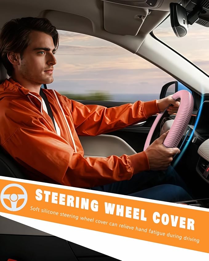 Car Steering Wheel Cover, Thin Anti-Skid Silicone Steering Wheel Cover for Men & Women, Universal Automotive Interior Accessories for Most Cars (Pink)