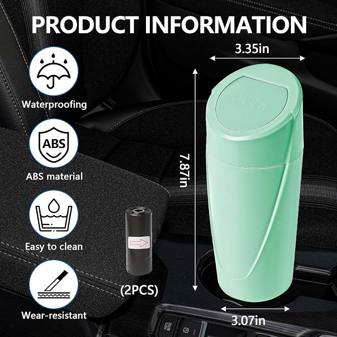 Mini Car Trash Can with Lid, Portable Garbage Can for Car, Leakproof Cup Holder Automotive Garbage Bin with 2 Rolls of Trash Bags, Small Trash Storage Can for Car Home Office(Light Green)