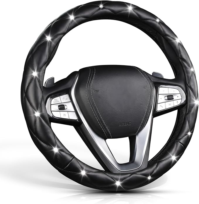 Steering Wheel Cover, Auto Cute PU Diamond Bling Breathable Soft Comfort Leather Car Interior Accessories Sparkly Fit Most O-Shaped Steering Wheels for Women Men (Black-Bling)