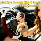 Steering Wheel Cover with Ears Keychain Fit 14-15 inch White Brown | Cute Car Steering Wheel Covers for Women Girls Elastic Breathable Steering Wheel Protector Accessories Universal Size