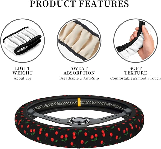 Delicious Cherry Elastic Steering Wheel Cover Non-Slip Breathable Steering Wheel Protector Fit Auto, Suvs, Truck