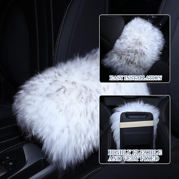 Furry Armrest Cover Auto Center Console Cover Car Soft Console Pad, Real Sheepskin Wool Soft Fluffy Auto Center Armrest Pad for Most Car Decoration Protector(Gray)