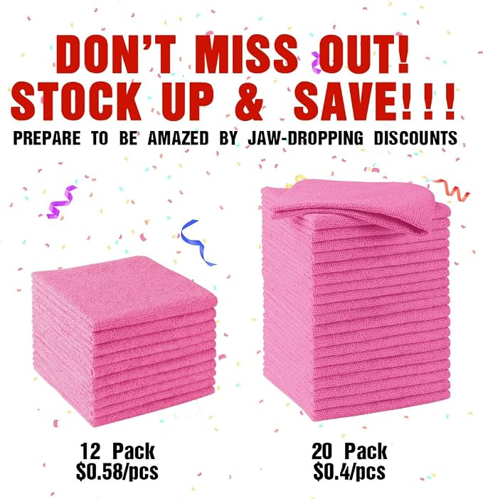 Pink Microfiber Cleaning Cloths, 20 Pack Cleaning Rags - Lint Free & Scratch-Free Microfiber Towels for Cars, House & Kitchen, Absorbent Cleaning Towels, 11.5 x 11.5 Inch