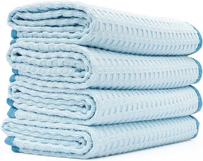Dry Me A River, Professional Korean 70/30 Blend Microfiber Waffle-Weave Drying & Detailing Towels, Soft Suede Edges, 390 GSM, 16x16 Inches, Light Blue, 5-Pack