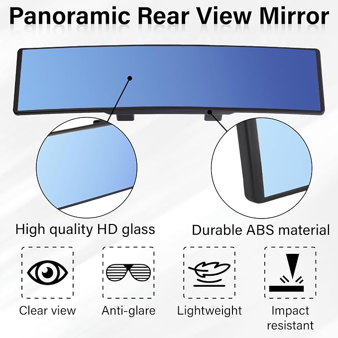 Rear View Mirror, Universal 12 Inch Wide Angle Rear View Mirror, Convex Clip On Panoramic Rears Views Mirrors, Anti-Glare Extended Broadway Mirrors, Rearview Mirroring Accessories for Cars (Blue)