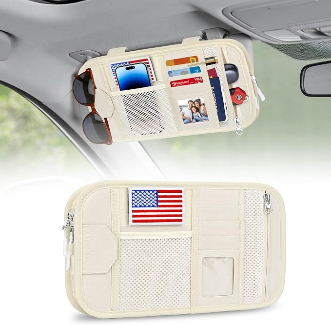 Car Sun Visor Organizer, Tactical Car Accessories with Zipper Storage Pouch, Glasses Clip Card Sleeve Pocket, Multi-Pocket Visor Organizer Fits Most Cars, SUVs, Trucks