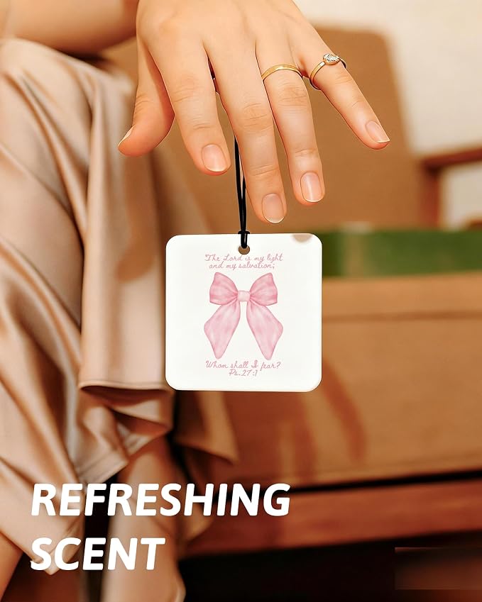 Pink Christian Car Air Freshener 4 Pcs, Girly Pink Bow Floral Religious Hanging Air Freshener for Cars Closet Drawer Books, Cute Preppy Christian Car Accessories Mirror Decor for Women