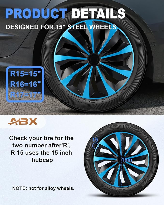 Hubcaps,15 inch hubcaps Set of 4, Wheel Rim Cover ABS Material, Snap On Car Truck SUV Replacement, for Toyota Camry Nissan Mazda etc, Black & Blue