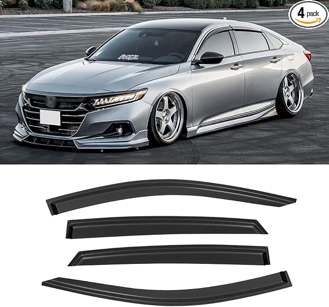 Rain Guards for 2018-2023 Honda Accord Sedan, Out-Channel Window Visor Shields Vent Deflector Shade Wind Dark Smoke 2019 2020 2021 2022 18 19 20 21 22 23, Tape-On Outside-Mount, 4PCS