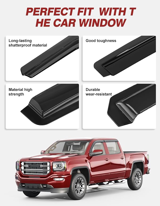 Outside-Mount Window Rain Guards for 2014-2018 Chevy Silverado/GMC Sierra 1500 Crew Cab & 15-19 Silverado/Sierra 2500HD 3500HD, Window Visors Deflector Dark Smoke Vent Shades Car 4-pcs