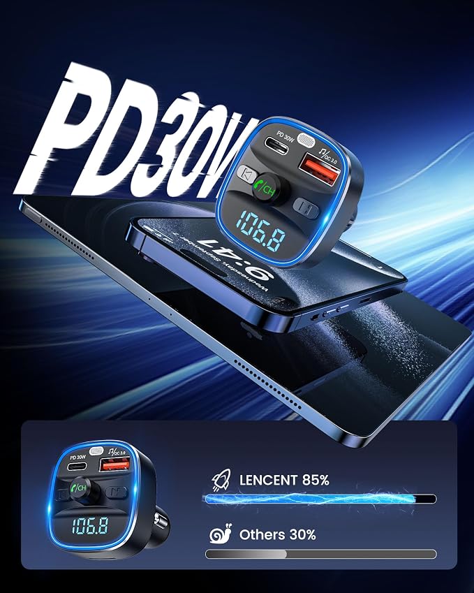 Bluetooth 5.4 FM Transmitter Car Adapter 48W [PD 30W & 18W] [7 Color Light] [Fast Charging] Wireless Radio Music Adapter Hands-Free Calling, Support USB Drive & TF Card
