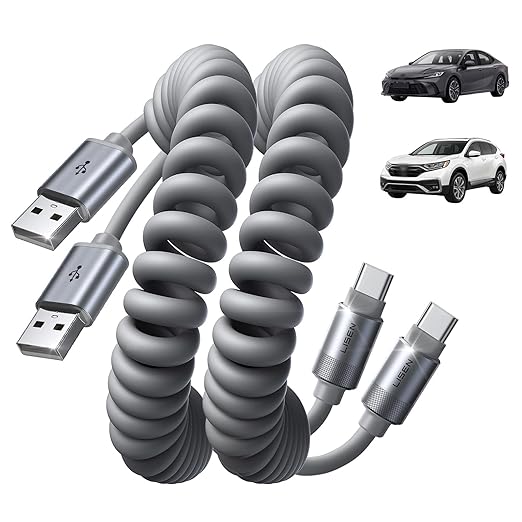 USB A to USB C Cable, Durable Short USB to C Cable 2 Pack for Android Auto & CarPlay, Coiled USB C Cable Type C Retractable Car Charger Cord for iPhone 17/16/15 Samsung Galaxy S25/S24, Gray 4FT