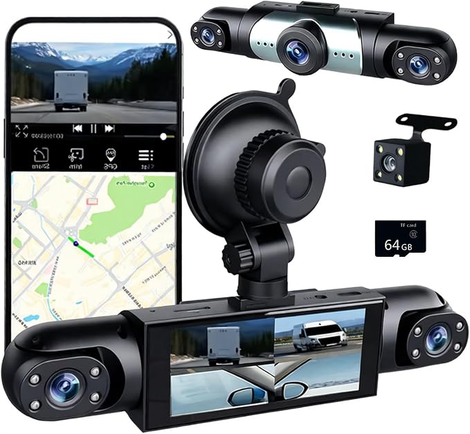 4 Channel Dash Cam 360° View, 1080P Front and Rear Inside, Left Right Dash Camera for Cars, Night Vision, WiFi & APP Control, G-Sensor, Loop Recording with 64GB SD Card (Y108WiFi+64G)