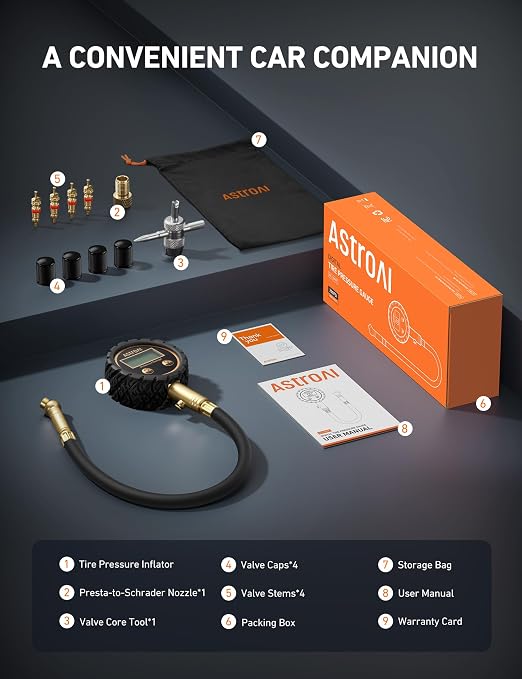 Tire Pressure Gauge for Cars with Backlit LED, Solid Brass with Rubber Hose, Air Bleeder Valve, ANSI B40.7 Grade 2A(±0.5%), 3-250PSI