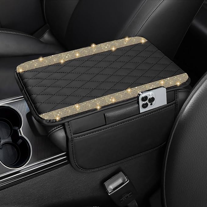 Bling Car Center Console Cover, Leather Car Arm Rest Cover Cushion with 2 Storage Bags, Universal Auto Armrest Protector, Bling Accessories Interior for Most Vehicles(Champagne Diamond)