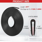 Rubber Edge Trim U Channel - 1/16" Self Adhesive Sheet Metal Edge Guard Protector, EPDM Seal Strip for Car Doors, Steel Plates, Glass, Hatches, Table Corners, Fit 1/16"(1.6mm), 20Ft, Black