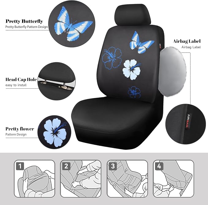 Blue Butterfly Car Seat Covers Full Set, Embroidered Flower Waterproof Car Floor Mats Carpet, Butterflies Steering Wheel Cover for Universal Car Accessories Interior Sets (Black and Blue)