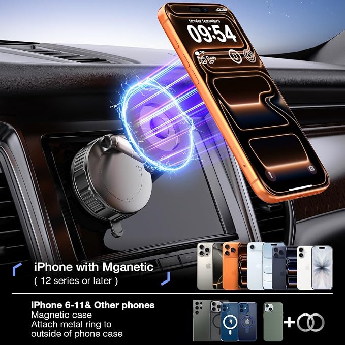 Phone Holders for Your Car for Magsafe (130+LB Strongest Ever Suction) 360° Adjustable Vacuum Car Phone Mount Magnetic, Car Phone Holder for iPhone 17 Pro Max for Automotive Multi Gauges