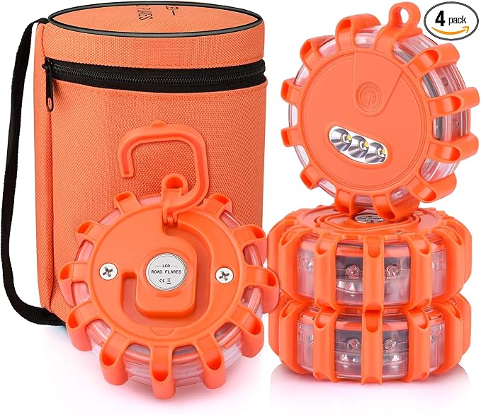 AK [4 Pack LED Road Flares Safety Flashing Warning Light Roadside Emergency Disc Beacon Kit for Vehicles Boats with Magnetic Base & Hook, Premium Storage Bag (Batteries Not Included) (4)