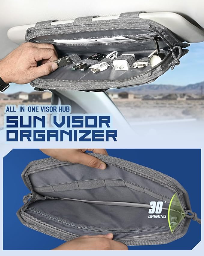 Molle Car Sun Visor Organizer, Fit Most Car Truck Patrols Van SUV | Auto Accessories Semi-Rigid MOLLE Panel, with Zipper Storage Pouch, Glasses Holder, for Gears Road Trip Daily Driving