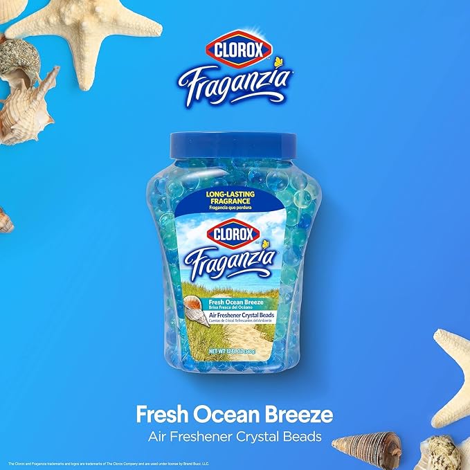 Fraganzia Crystal Beads Air Freshener, Long Lasting Room Deodorizer and Odor Eliminator Gel Beads to Freshen Home, Car, or Office, Fresh Ocean Breeze Scent, 12 Fl Oz - 2 Pack