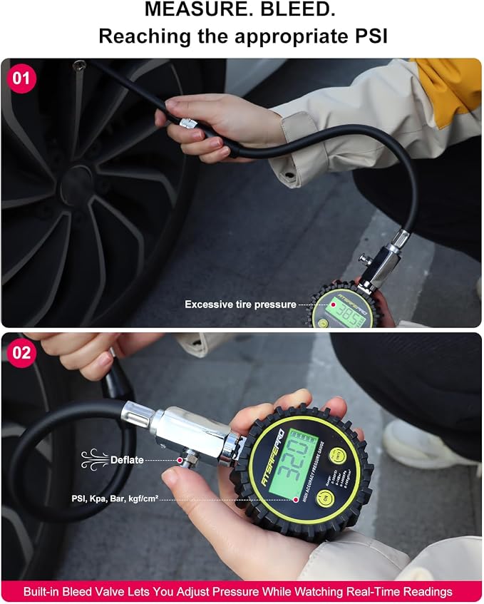 Digital Tire Pressure Gauge - Backlit Display, 200 PSI Accurate Tire Gauge - Hold Function, Long Hose, Dual Head Air Chuck, 4 Units, Bleed Valve, AAA Battery, for Car Truck RV