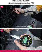 Digital Tire Pressure Gauge - Backlit Display, 200 PSI Accurate Tire Gauge - Hold Function, Long Hose, Dual Head Air Chuck, 4 Units, Bleed Valve, AAA Battery, for Car Truck RV