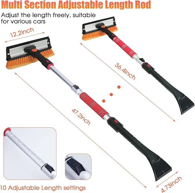 47.2" Extendable Ice Scraper Snow Brush with Squeegee for Windshield Window Car Trucks SUVs, 270° Pivoting Brush Head, Essential Winter Tool Ice Snow Remover with Comfortable Foam Grip